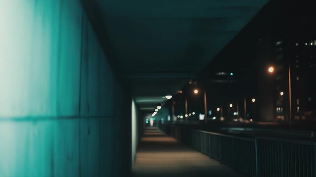 Concrete pedestrian underpass illuminated by a single overhead lamp, creating a long shadow and leading to distant city lights, representing concepts of solitude and urban exploration