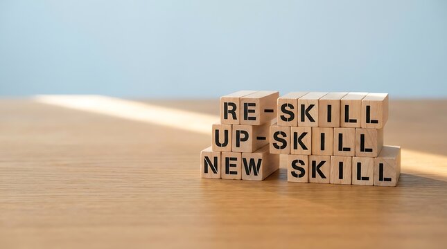 Wooden blocks spelling out Re-skill, Up-skill, New Skill on a table.