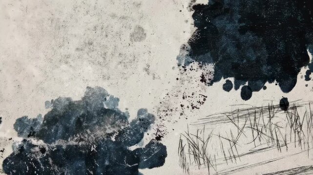 Abstract splatters and scribbles on a textured, light-colored surface