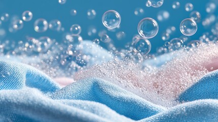 Clean Fabric and Airy Bubbles: Clean fabric emerges from a washing experience. Airy bubbles rise around cloth. Capturing freshness and renewal.