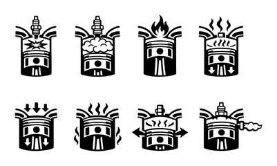 Steampunk engine icons on dark background: gear, flame, smoke, and pipe details