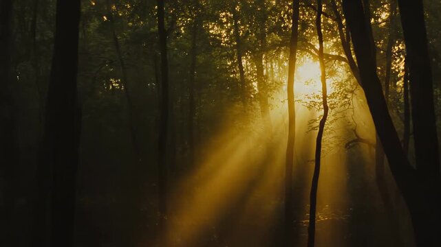 Sunlight filters through a dense forest canopy, casting golden beams and a mystical glow across ferns and leaf strewn floor, creating a tranquil, warm, atmospheric woodland scene