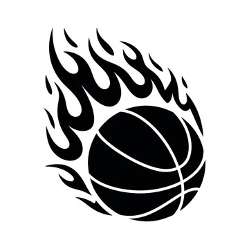 Basketball on Fire Black and White Graphic featuring a sports ball engulfed in dynamic, stylized flames for team logos and street art.