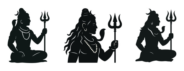 Lord Shiva Silhouette Set: Maha Shivaratri festival Hindu God Mahadev with Trishula Icon