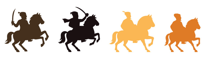 Chhatrapati Shivaji Maharaj Jayanti Four historical Indian warrior silhouettes riding horses with swords.