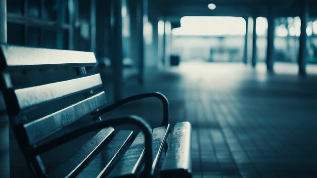 Minimalist metallic and wooden slatted bench standing alone in a quiet, moody public interior corridor, emphasizing themes of solitude, waiting, and urban loneliness