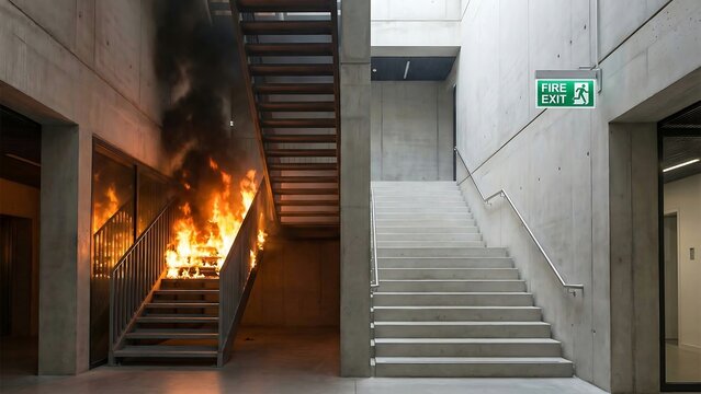 Juxtaposition of a burning staircase and a safe fire exit staircase in a modern concrete building.