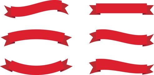 Red banner ribbon strip with flat bent design icon set. Banner, label, and button style. Red ribbon decoration shape, isolated on a transparent background. Suitable for use on websites and brochures.