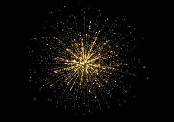 Fototapeta premium Radiating golden spark particles burst like a firework explosion, bright circular energy blast on pure black celebratory background