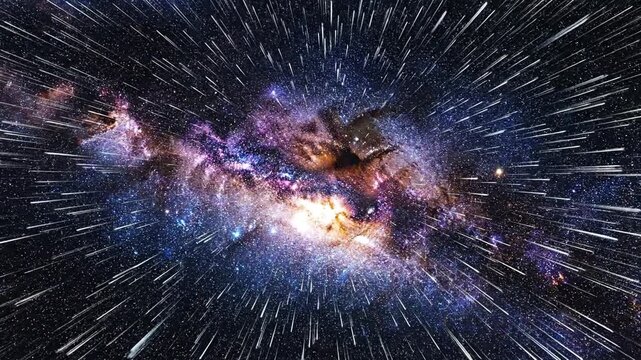 Cosmic hyperdrive streaking lines past a vibrant galaxy