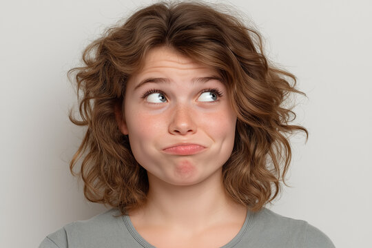Young woman with wavy hair and playful expression looking upward