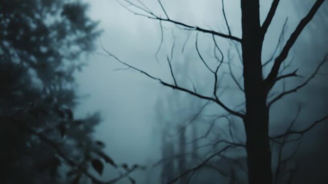 Branch with dark leaves protruding against a misty forest backdrop, evoking solitude, mystery, and a cold, somber natural landscape during a winter or autumn day