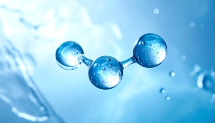 Blue water molecule floating gently, scientific concept, transparent spheres, clean background, symbolizing purity, hydration, chemistry, and molecular research in healthcare.