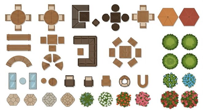 A collection of colorful top down illustrations depicting various outdoor furniture and landscaping elements