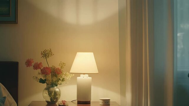 Bedroom interior showcasing a bedside table with a glowing lamp, a vase of fresh flowers, and soft curtains creating a tranquil and comfortable ambiance