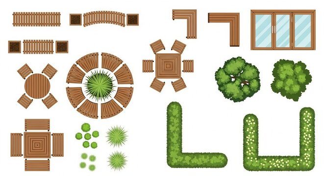 An overhead view displays various outdoor furniture and landscape elements in vector style