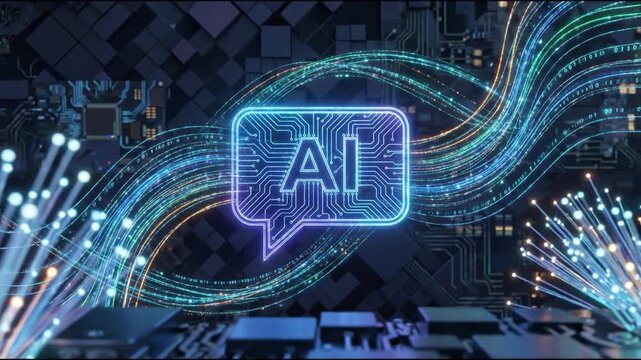 Neon ai speech bubble with circuit pattern reading ai surrounded by glowing fiber optic streams and electronic circuit board, futuristic data stream flow and digital connectivity conveying machine