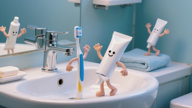 Cute toothpaste and toothbrush characters dancing on bathroom sink, 3D cartoon