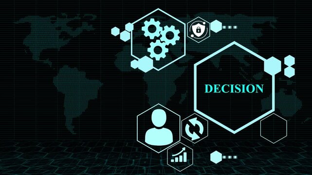 Decision concept with business icons and global network on dark background