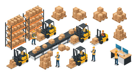 Isometric view of a busy warehouse with forklifts conveyor belts and workers © SERINA AKTHER