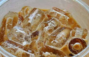 close-up of an iced coffee. cold beverage with a significant amount of ice cubes.