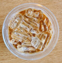 close-up of an iced coffee. cold beverage with a significant amount of ice cubes.