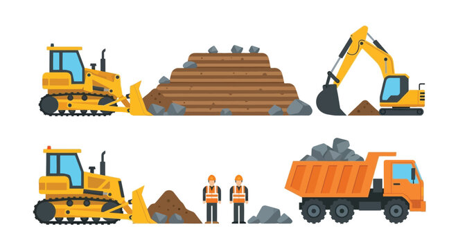 Construction vehicles moving earth and materials at a building site
