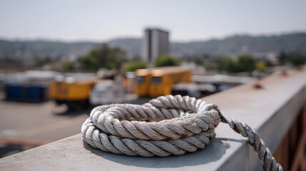 Fototapeta premium Thick weathered rope coiled on a concrete railing with an industrial port scene in the background
