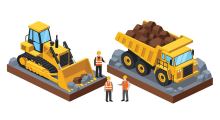 Obraz premium Isometric illustration of construction machinery and workers at a site