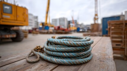 Fototapeta premium Coiled thick rope on wooden planks at a construction site