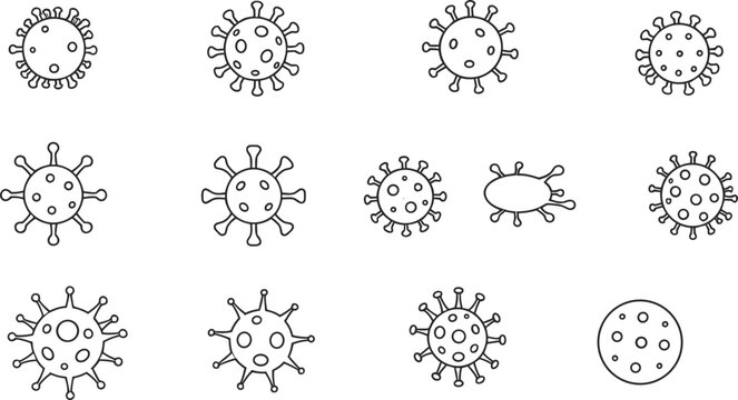 Virus Outline Icon Vector Set with Simple Line Art Microbe Symbols for Medical Education, Healthcare Graphics, Science Illustrations, and Infection Awareness Designs