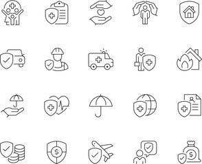 Fototapeta premium Insurance and Protection Line Icon Set - Minimalist Security, Health, and Financial Safety Symbols