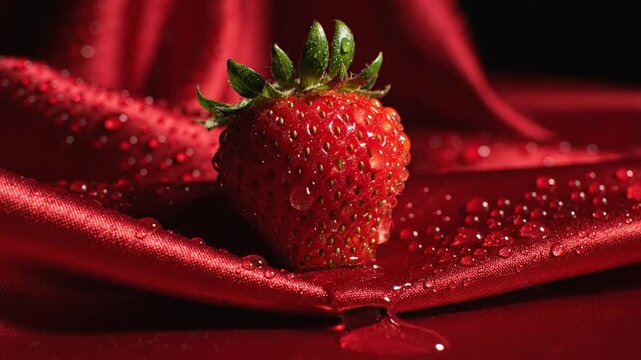 A ripe strawberry adorned with sparkling jewels on a luxurious red satin fabric, close-up, high detail