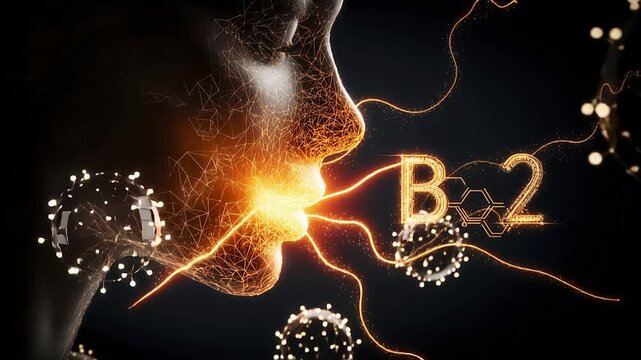 Glowing Face With Molecular Structures And B2 Insignia Vitamin Technology Visualization