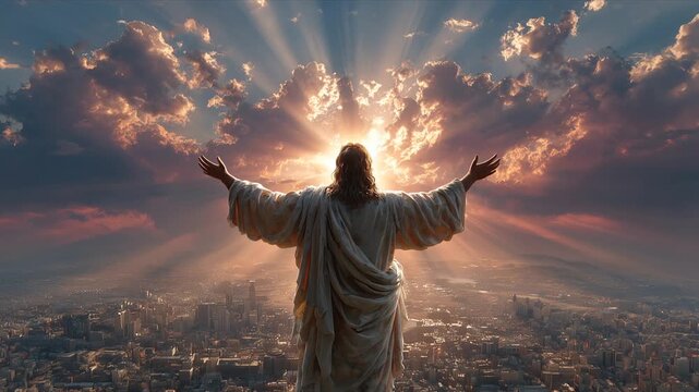 Christ Standing With Outstretched Arms And Glowing Halo Above Urban Landscape