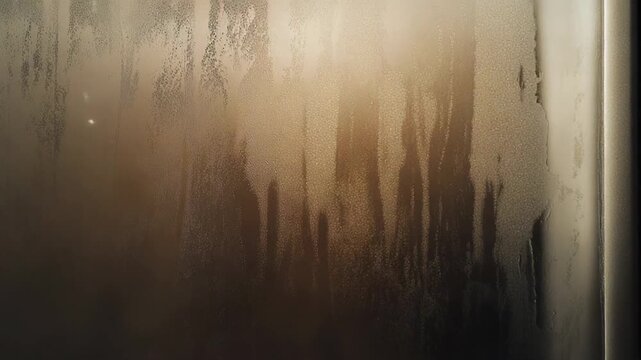 Condensing water streaks on translucent glass create an abstract, warm toned textured background with soft light and blurred droplets, ideal for humidity or shower themes