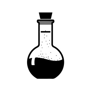 Minimalist infographic icon showing the process of dissolving a substance inside a volumetric flask for concentration preparation