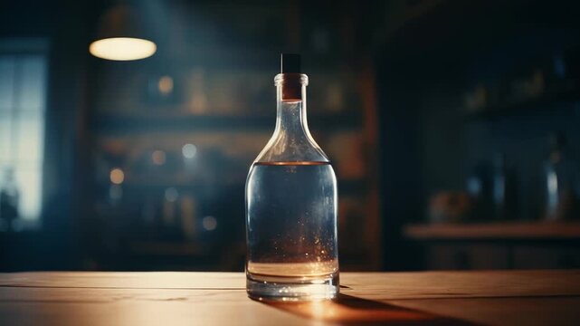 Bottle filled with clear liquid and cork stopper standing on a rustic wooden surface, capturing light and reflections in a dimly lit, atmospheric interior