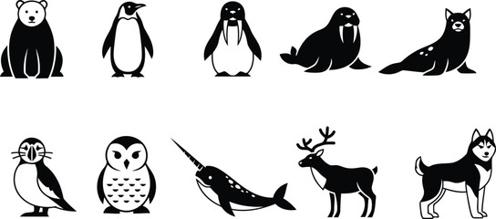 A collection of black and white icons of arctic and antarctic animals © Milon Store