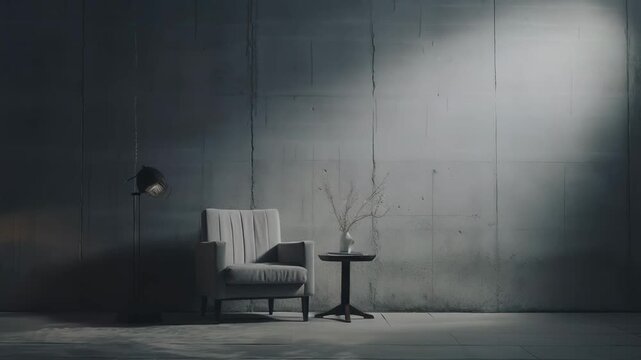 Padded armchair sitting in a simple minimalist concrete room, illuminated by a dramatic light ray shining from above, creating strong contrast and shadows on the stark walls