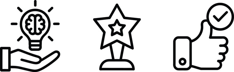 Obraz premium Three black line icons representing an idea award and approval on transparent background high-quality professional detailed modern elegant stylish clean