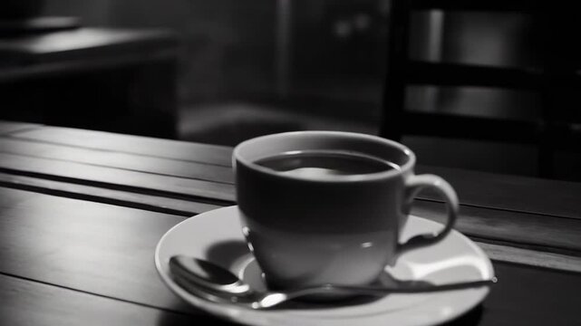 Dark beverage filling a small cup, resting on a white saucer with a spoon, highlighting moments of contemplation and solitude in a quiet, subdued environment