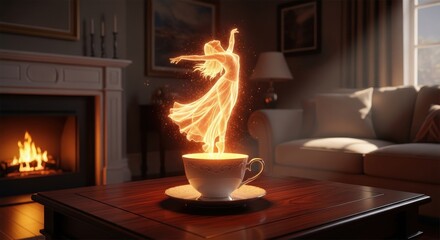 Obraz premium Glowing ethereal female figure emerges from a cup set upon a wooden surface near a hearth