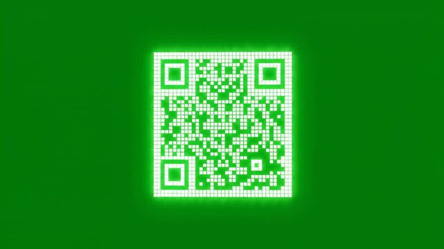 Simple high contrast glowing white digital QR code rotating steadily against a pure solid green screen background for easy compositing and utility data, technology, modern