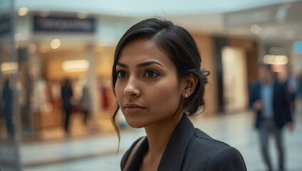 Obraz premium Young woman portrait in indoor shopping mall with soft lighting and determined expression