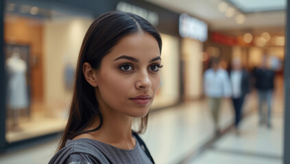 Young woman with determined expression in shopping mall, soft bokeh background