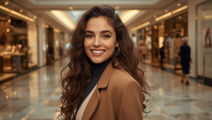 Fototapeta premium Smiling woman with long curly hair in shopping mall, warm stylish portrait