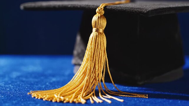 Super slow motion close-up of a brilliant gold tassel gently swinging on a black graduation cap against a deep royal blue background luxury, scholar, achievement