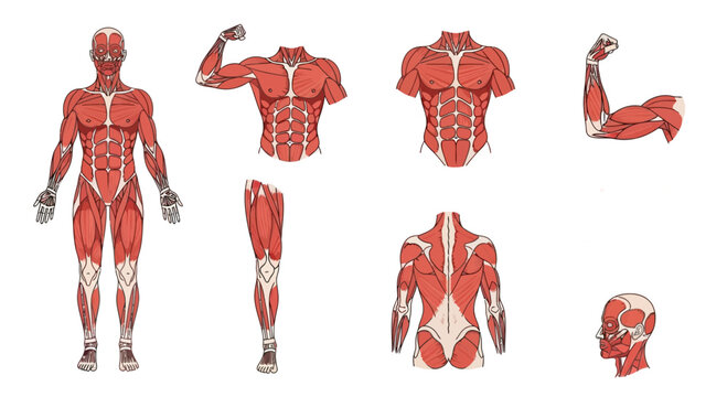 Detailed anatomical illustration of the human muscular system, showcasing various muscle groups and their structures in a clear and informative manner