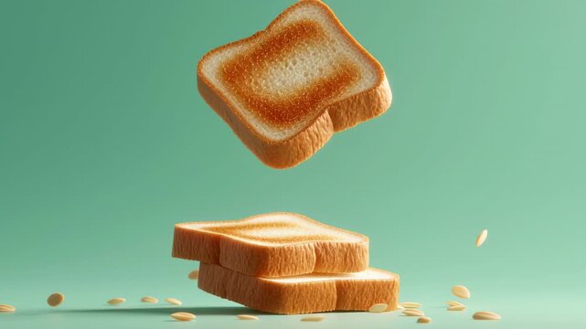Toasted bread slices gracefully hover in a minimalistic setting, showcasing their golden texture against a soft, colorful background. A simple yet captivating display of culinary art
